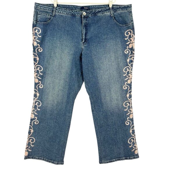Denim 24/7 Women's Embroidered Stretch Blue Denim Jeans Plus Size 30W Wide Leg - Picture 1 of 14